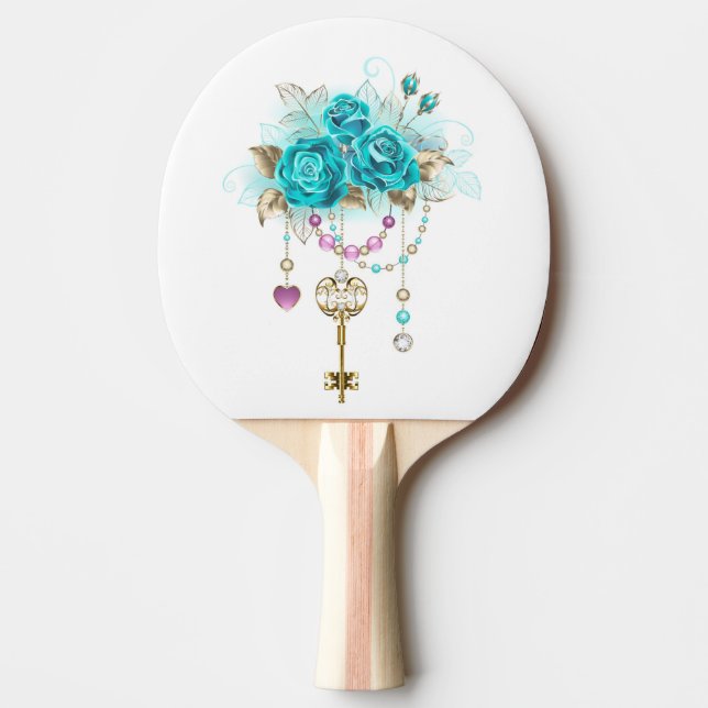 Raquete De Ping Pong Rosas Turquesas com Chaves (Frente)