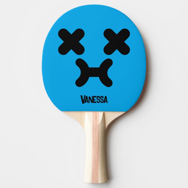 Raquete De Ping Pong Rosto Azul Emburrado Atordoado com Nome (Frente)