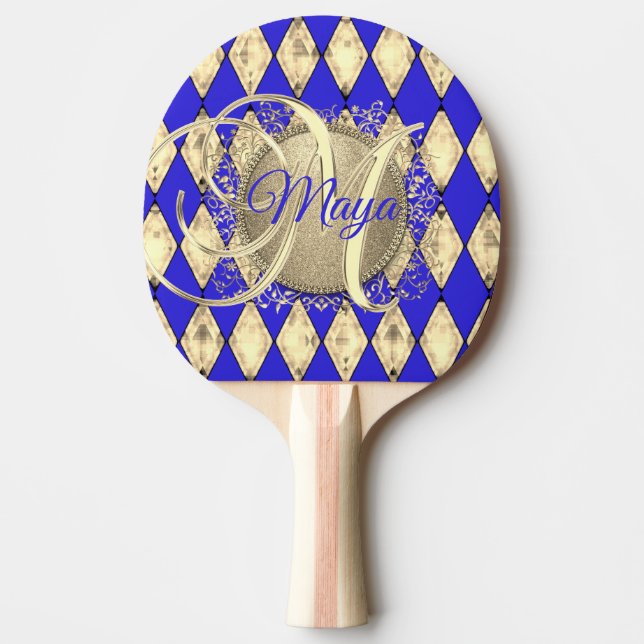 Raquete De Ping Pong Royal Blue e Dourado Glam Monograma (Frente)