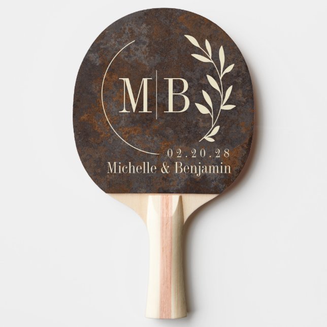 Raquete De Ping Pong Rusted Metal Sheet Leaf Wedding Monogram (Frente)