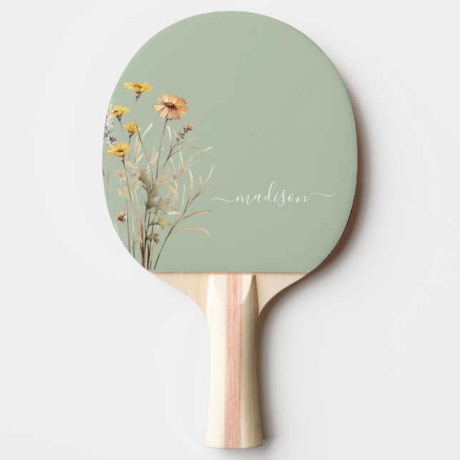 Raquete De Ping Pong Sage Green Wildflower Modern Monograma Elegante (Frente)