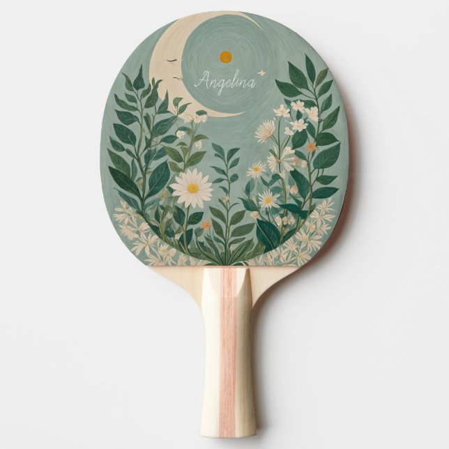 Raquete De Ping Pong Sangue Lua: Pastel Floral e Lua Crescente (Frente)