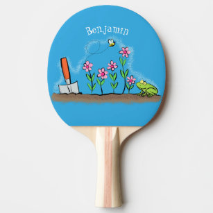 Raquete De Ping Pong Sapo bonito e abelha na ilustração de desenho anim