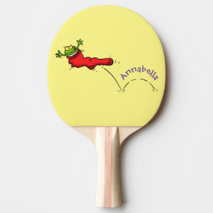 Raquete De Ping Pong Sapo bonito em um desenho de salto em meia vermelh