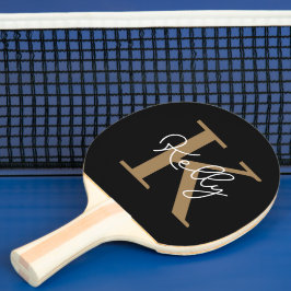 Raquete De Ping Pong Script de Monograma Dourado Preto Moderno