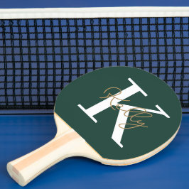 Raquete De Ping Pong Script de Monograma Verde Moderno Emerald