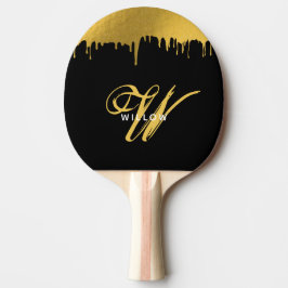 Raquete De Ping Pong Script de Vintage do Monograma Preto e Dourado Mod