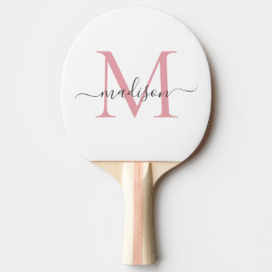 Raquete De Ping Pong Script Feminino Simples de Cinza Rosa Monograma