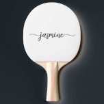 Raquete De Ping Pong Script Moderno de Nome Personalizado Branco<br><div class="desc">Raquete de Ping Pong Personalizada com Nome Monograma Feminino Preto e Branco em Script. Esses designs apresentam seu primeiro nome em uma linda tipografia de assinatura com estilo de letra manuscrita e cauda swash (ou caligrafia) em preto sobre fundo branco. São fáceis de personalizar. Ótimo presente feminino e elegante para...</div>