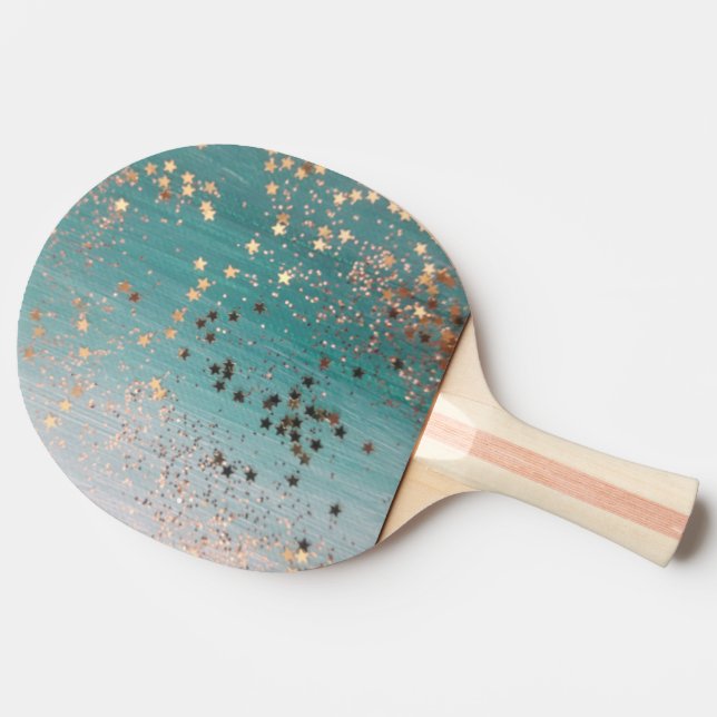 Raquete De Ping Pong Shimmery Dourado Stars on Teal  (Lateral)
