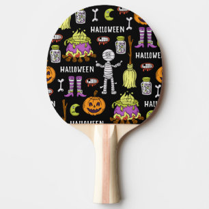 Raquete De Ping Pong Símbolos do Dia das Bruxas, tema de vintagem sem c