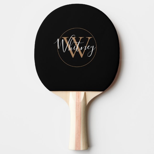 Raquete De Ping Pong Simples Monograma de Nome em Script Elegante Preto (Frente)