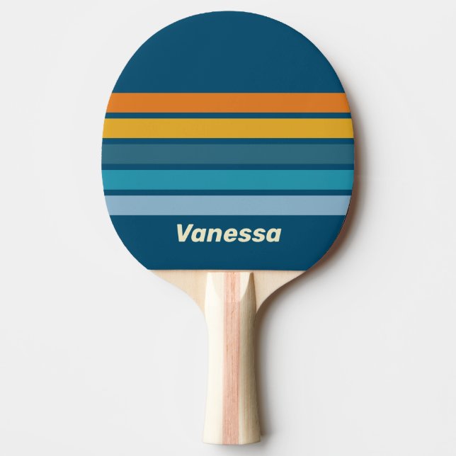 Raquete De Ping Pong Sol Azul Através da Faixa com Nome (Frente)