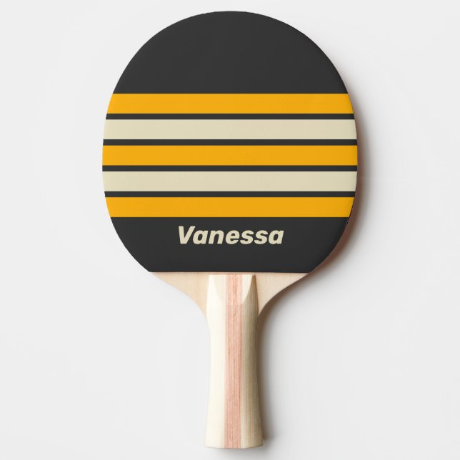 Raquete De Ping Pong Sol Negro Retro Através de Faixas com Nome (Frente)