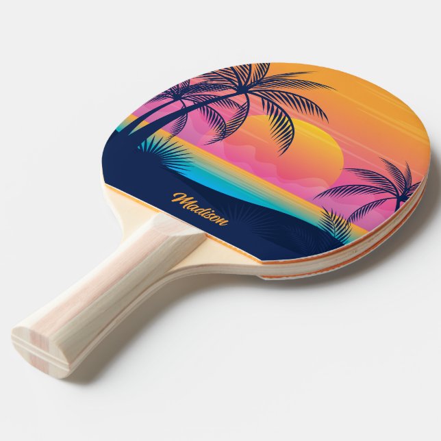 Raquete De Ping Pong Sunset da Ilha Tropical de Texto Personalizado (Frente inclinada)