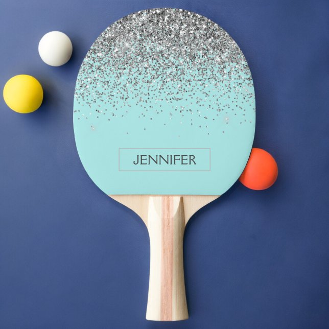 Raquete De Ping Pong Teal Aqua Blue Silver Glitter Girly Monographic No (Criador carregado)