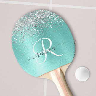 Raquete De Ping Pong Teal Brugado Metal Silver Glitter Nome Monograma