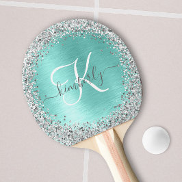 Raquete De Ping Pong Teal Brugado Metal Silver Glitter Nome Monograma