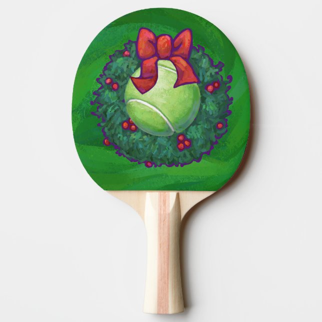 Raquete De Ping Pong Tênis Ball Christmas Wreath on Green (Verso)