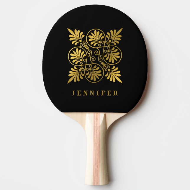Raquete De Ping Pong Tênis do Monograma Grego Dourado Negro (Frente)