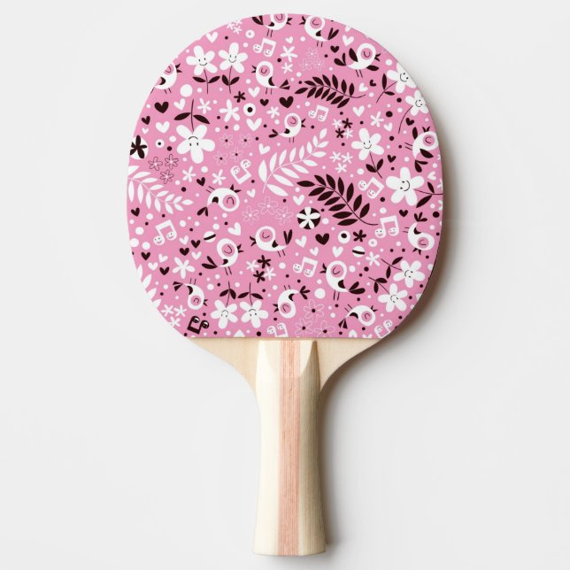 Raquete De Ping Pong teste padrão cor-de-rosa bonito dos pássaros e das (Frente)