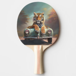 Raquete De Ping Pong Tigre sentado em um carro esportivo 