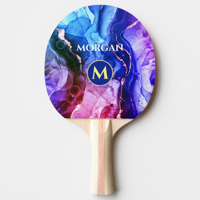 Raquete De Ping Pong Tinta Líquida Violeta Vermelha Roxa Azul, Monogram (Frente)