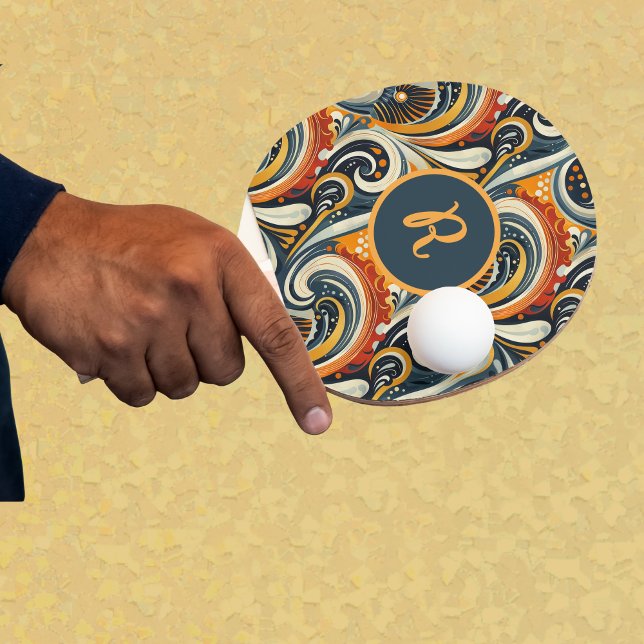 Raquete De Ping Pong Trendy Hip Retro Orange Deep Teal Swirls Monogram  (Criador carregado)