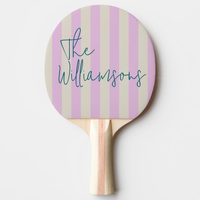 Raquete De Ping Pong Trendy Pink White Stripes Custom Script Wedding (Frente)
