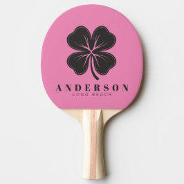Raquete De Ping Pong Trevo de Quatro Folhas Rosa e Preto com Nome