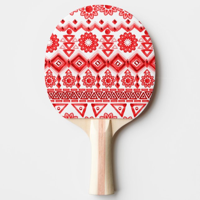 Raquete De Ping Pong Tribal vermelho, padrão étnico de aquarela. (Frente)