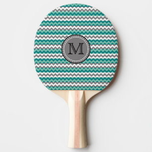 Raquete De Ping Pong Turquesa e Cinza Chevron Zigzag Monograma