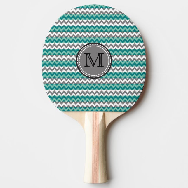 Raquete De Ping Pong Turquesa e Cinza Chevron Zigzag Monograma (Frente)