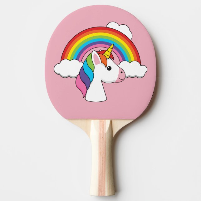 Raquete De Ping Pong Unicórnio e Arco-íris com Nuvens Kawaii (Frente)