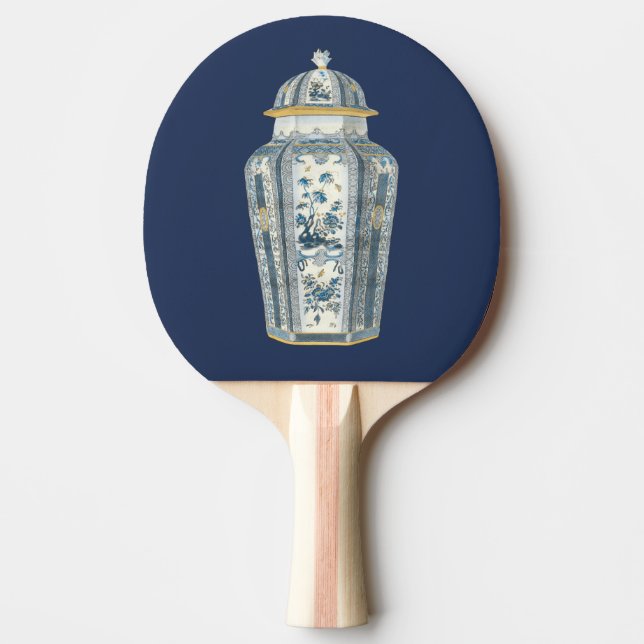 Raquete De Ping Pong Urna Asiática Decorativa em Azul e Branco (Frente)