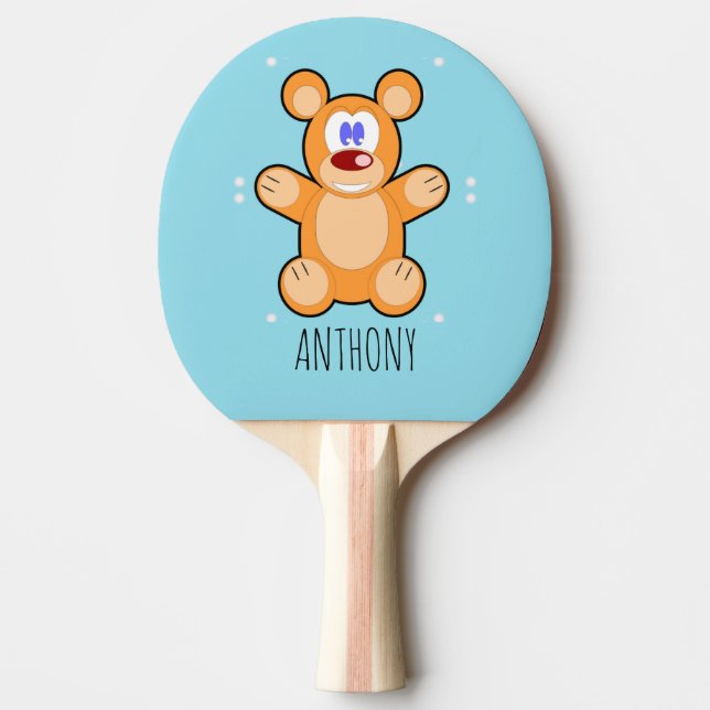 Raquete De Ping Pong Urso marrom, monograma, de pelúcia azul (Frente)