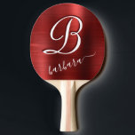 Raquete De Ping Pong Vermelho Personalizado Bruto<br><div class="desc">Esta é uma linda e elegante cor vermelha com um efeito de metal escovado e um monograma personalizado único com seu primeiro nome em lindas caligrafias.  Ele cria um olhar suave e feminino que será apropriado para onde quer que vocês dois toquem.  Para si mesmo ou como presente.</div>