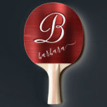 Raquete De Ping Pong Vermelho Personalizado Bruto<br><div class="desc">Esta é uma linda e elegante cor vermelha com um efeito de metal escovado e um monograma personalizado único com seu primeiro nome em lindas caligrafias.  Ele cria um olhar suave e feminino que será apropriado para onde quer que vocês dois toquem.  Para si mesmo ou como presente.</div>