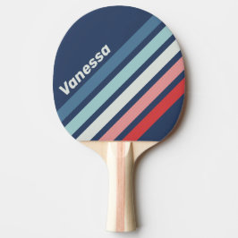 Raquete De Ping Pong Vintage Nautical Blue Angled Striping with Name