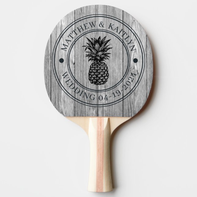 Raquete De Ping Pong Weathered Dark Gray Pineapple Wedding Crest & Name (Verso)