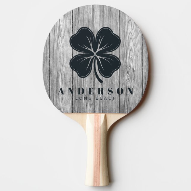 Raquete De Ping Pong Weathered Dark Gray Wood Four Leaf Clover withName (Verso)