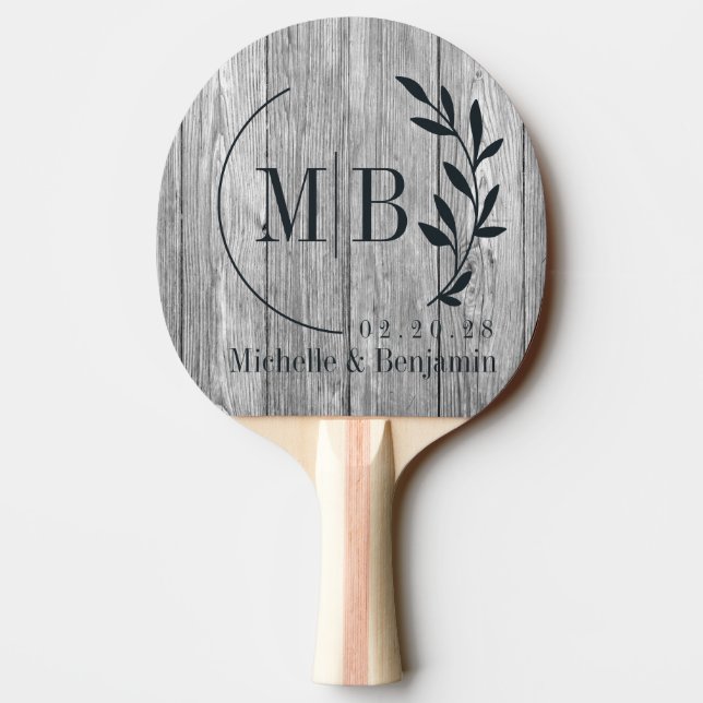 Raquete De Ping Pong Weathered Dark Gray Wooden Leaf Wedding Monogram (Verso)