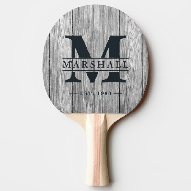 Raquete De Ping Pong Weathered Dark Gray Wooden Monogram & Name Overlay (Verso)