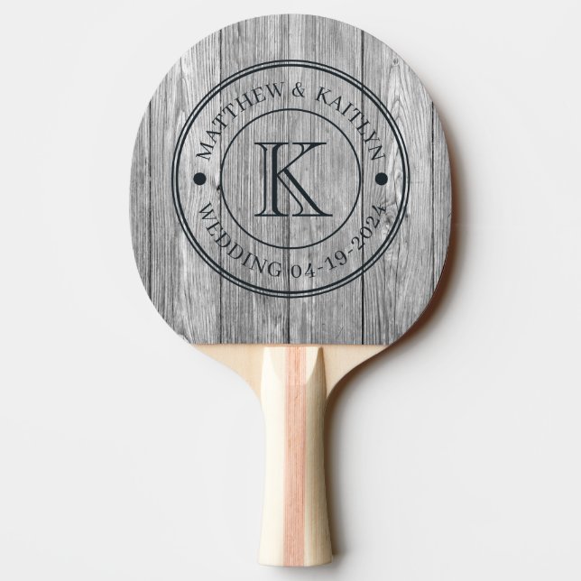 Raquete De Ping Pong Weathered Dark Gray Wooden Wedding Monogram (Verso)
