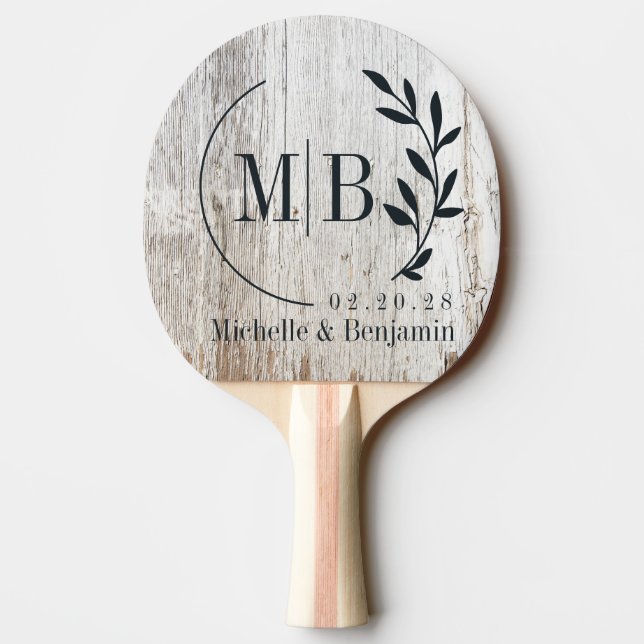 Raquete De Ping Pong Weathered White Washed Wood Leaf Wedding Monogram (Verso)