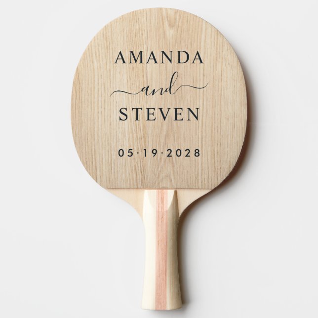Raquete De Ping Pong White Pine Couple Names with Wedding Date (Verso)