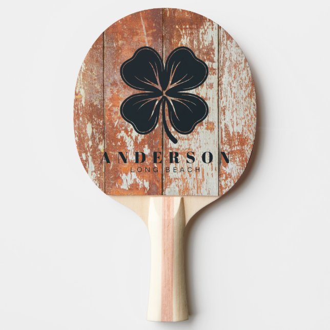 Raquete De Ping Pong Worn Barn Wood Four Leaf Clover with Name (Frente)