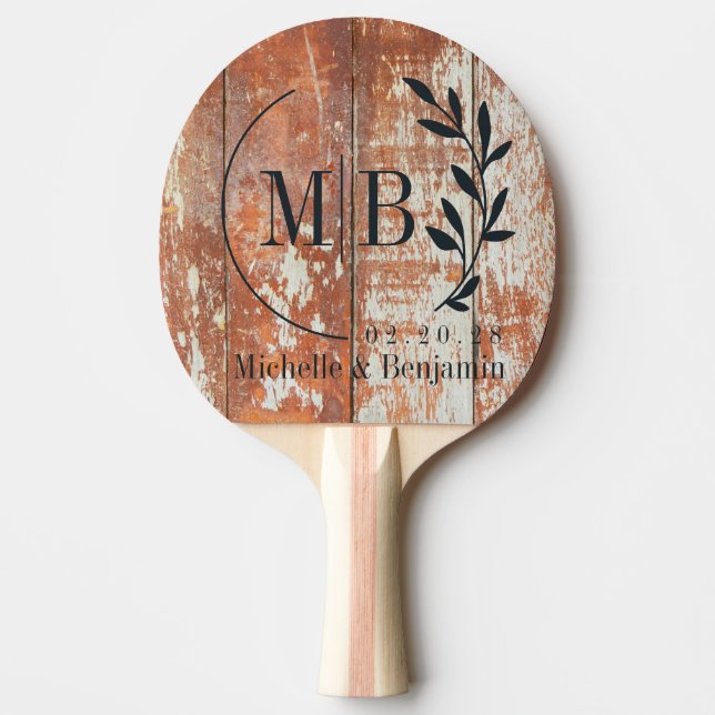 Raquete De Ping Pong Worn Barn Wood Leaf Wedding Monogram (Frente)