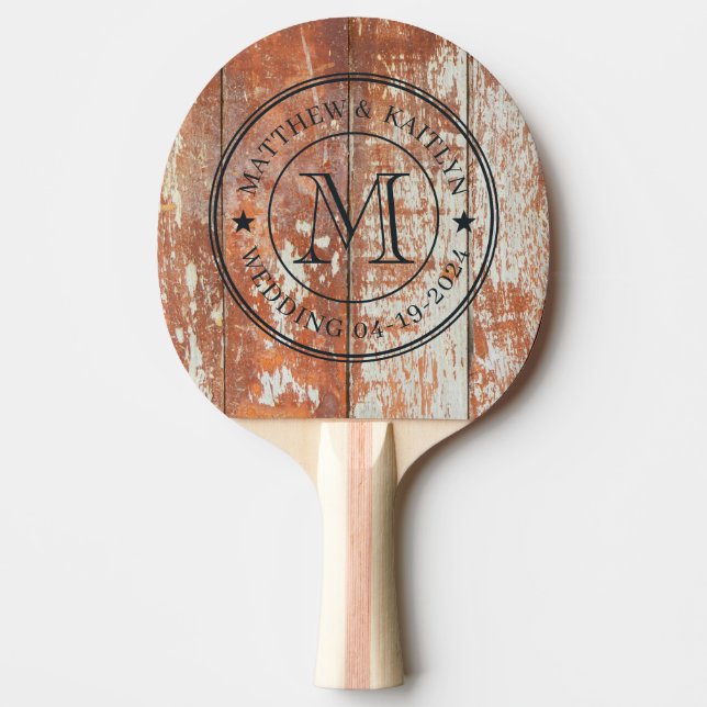 Raquete De Ping Pong Worn Barn Wood Wedding Monogram Star (Frente)