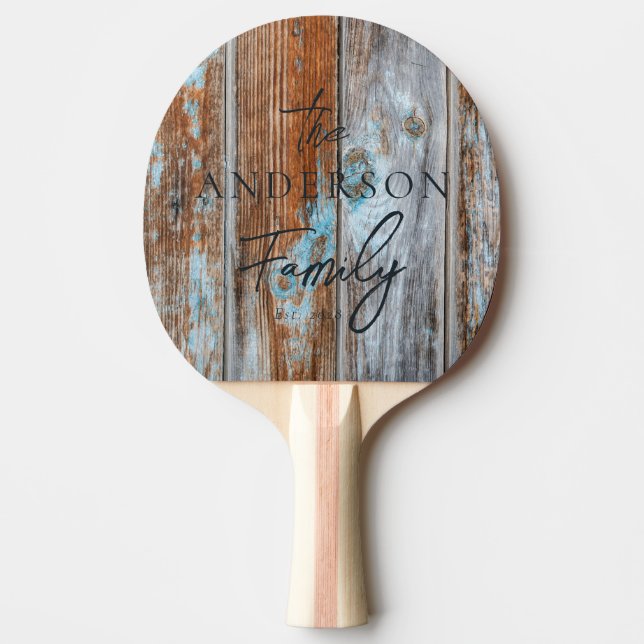 Raquete De Ping Pong Worn Blue Wash Wood Hand Written Family Name (Frente)